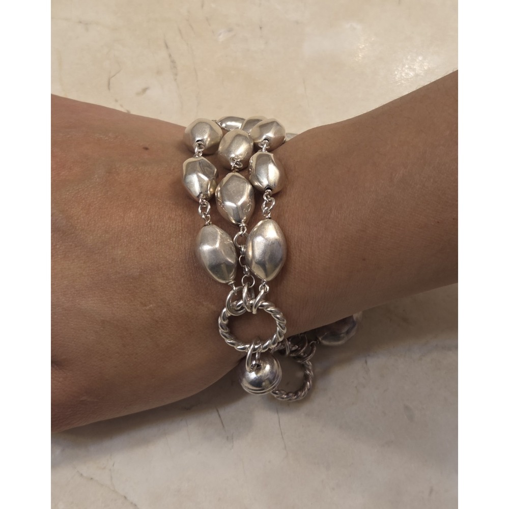 Chunky Sterling Triple Strand Hammered Bead Satin & Polished Magnetic Clasp 8.5" - Picture 3 of 7
